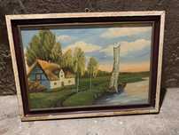 Ręcznie malowany obraz – domek, rzeka, żaglówka – retro