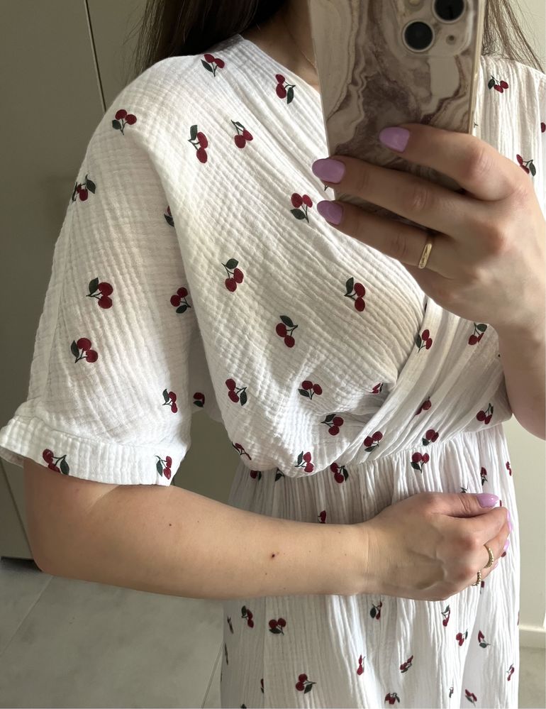 Nowa sukienka z muślinu biala z bawełny w wiśnie cherry hit