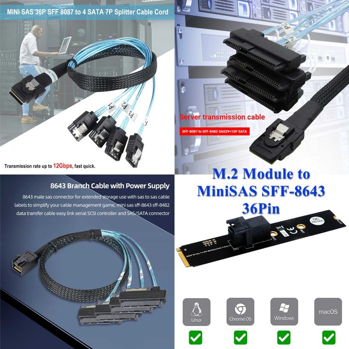 Кабель переходник miniSAS 36p SFF-8087 SFF-8643 на SATA SFF-8482 и M.2