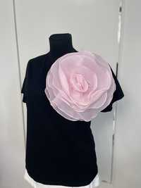 Nowa czarna bluzka bawełniana t-shirt z dużym kwiatem róża 3d