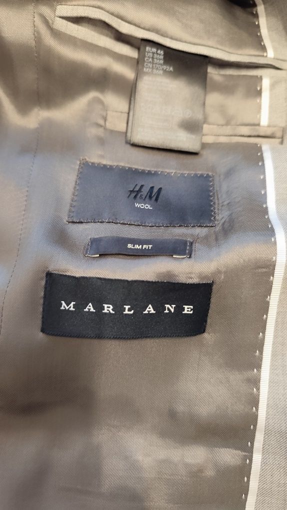 Szary garnitur H&M wełna Marlane - roz. 46 slim fit