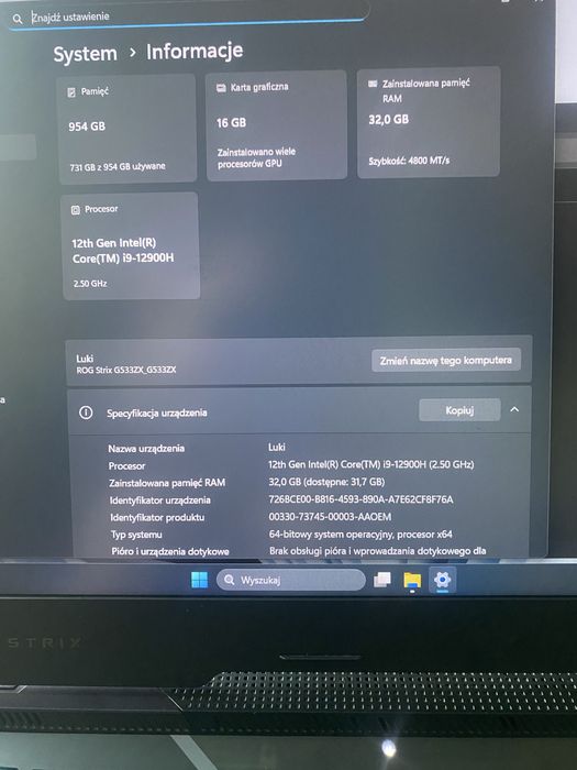 Laptop Gamingowy Asus Rog Strix G533ZX 3080ti 16gb Vram intel i9 12th
