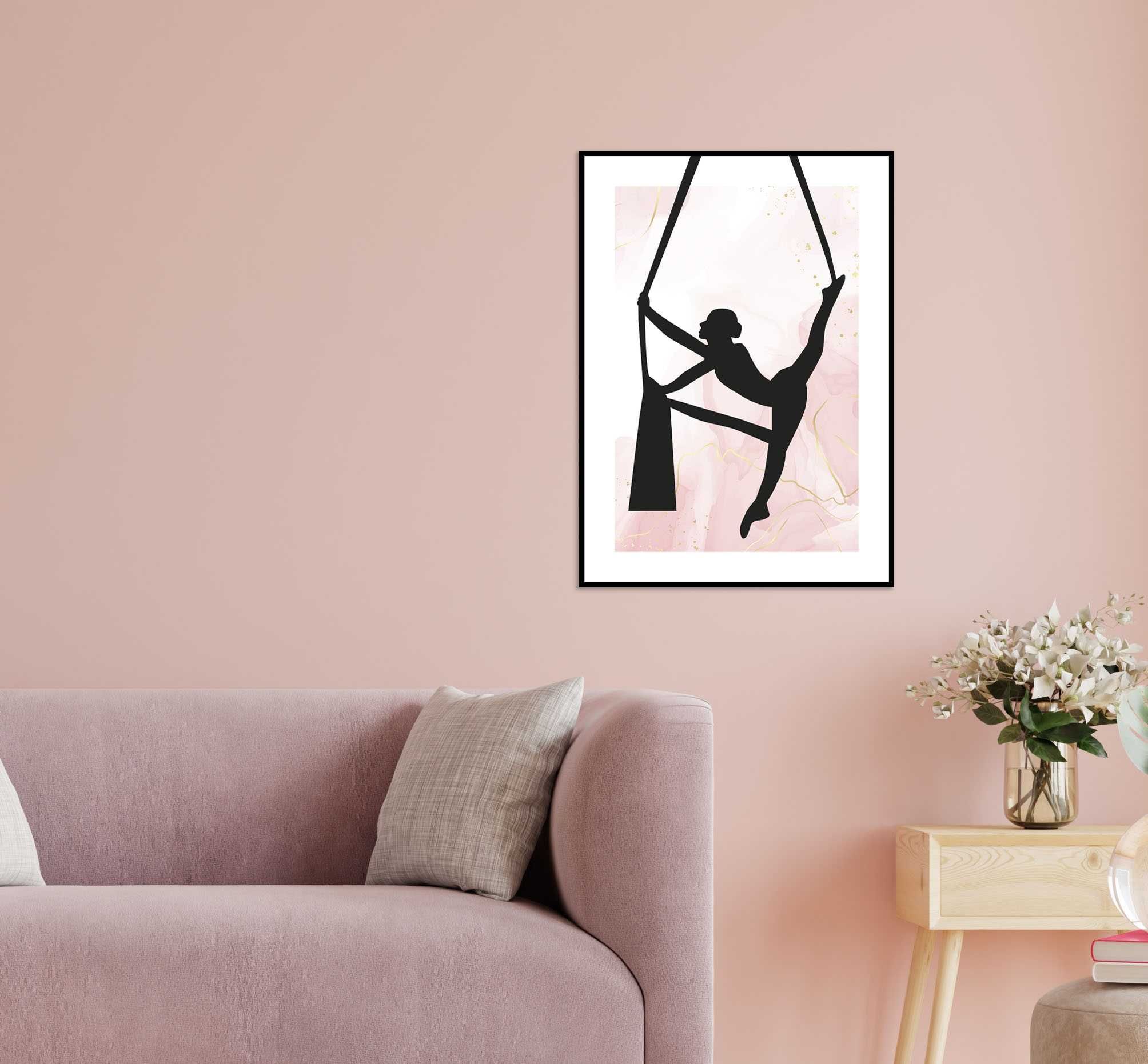 Plakat 40x50 cm aerial silks joga chusty szarfy sylwetka czarno różowy