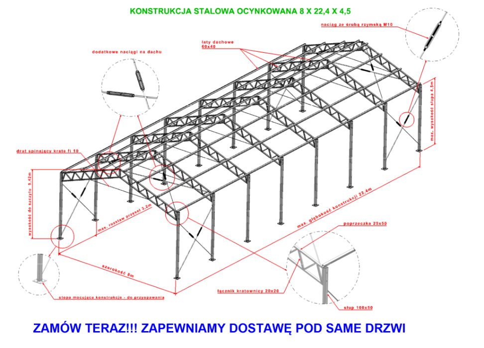PROMOCJA!!! Konstrukcja stalowa ocynkowana 8x23 hala wiata magazyn gar