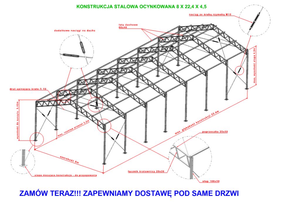 Konstrukcja stalowa ocynkowana 8x23 hala wiata magazyn garaż modułowy