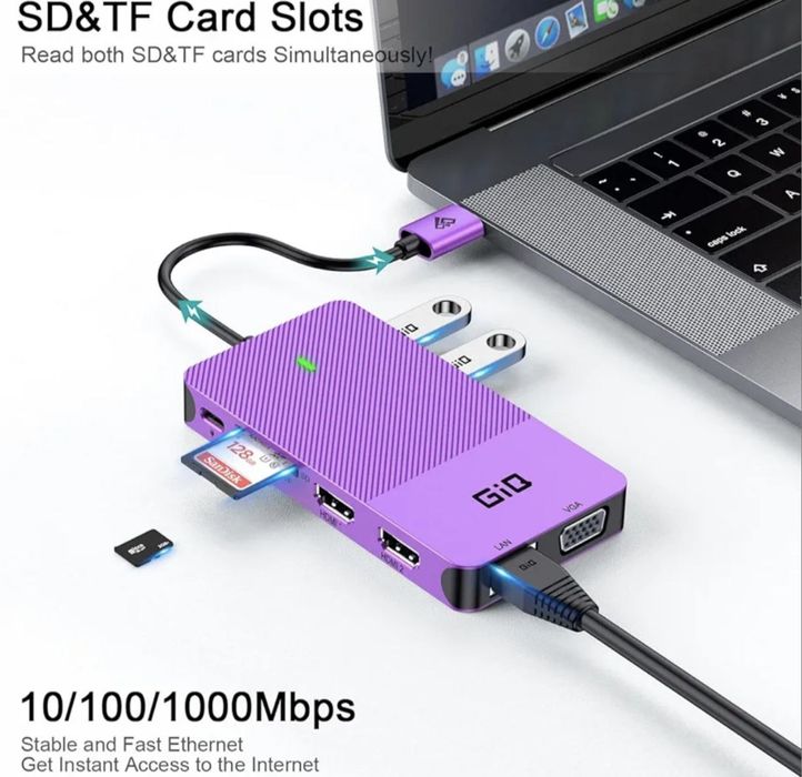 GIQ Док-станція хаб USB Концентратор  USB C 2 HDMI 1 VGA