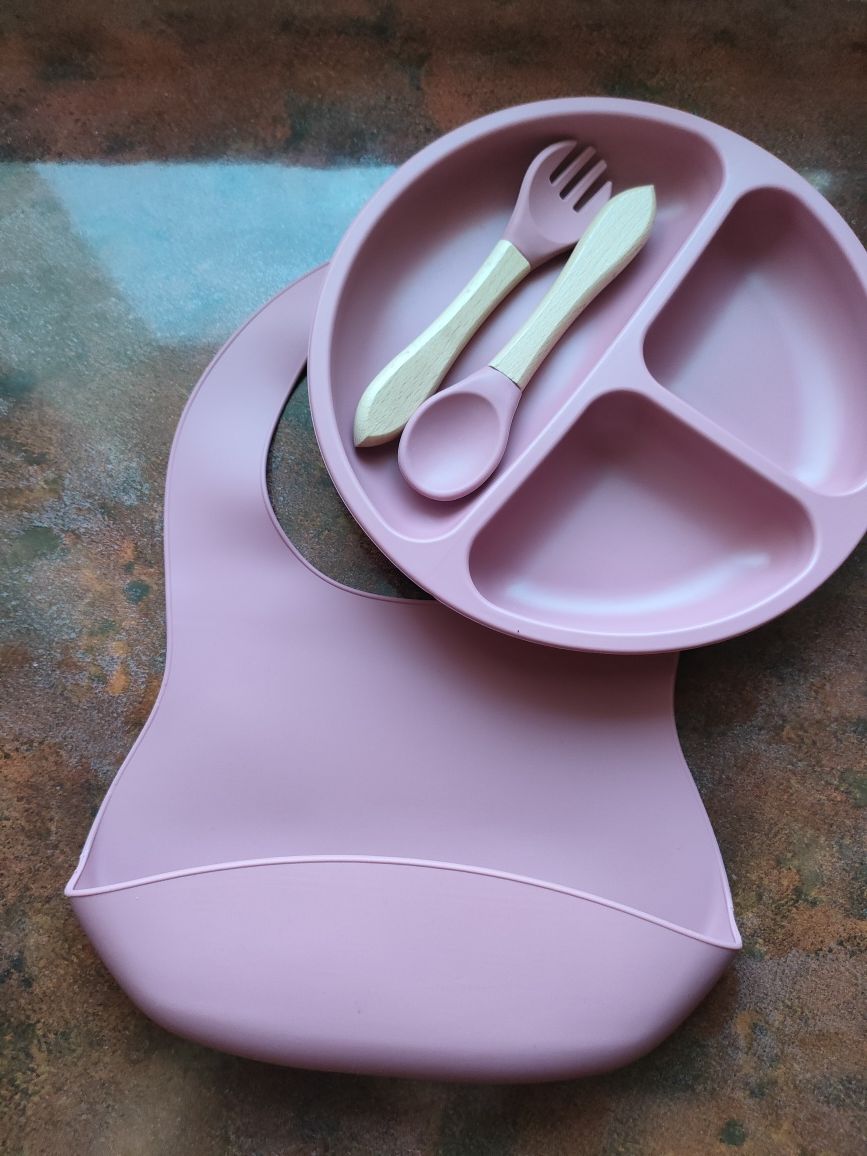 Silikonowe naczynia dla dziecka zestaw naczynia talerzyk śliniak