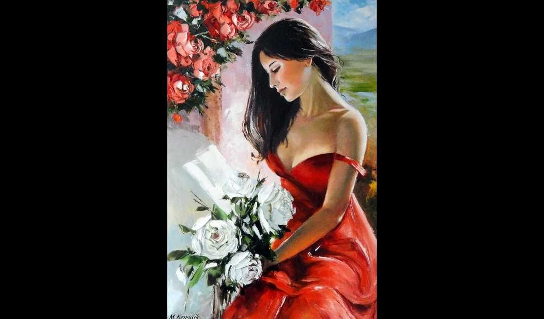 Kowalik - " Róża " - 50x70cm Obraz Olejny Dziewczyna Róże Kobieta