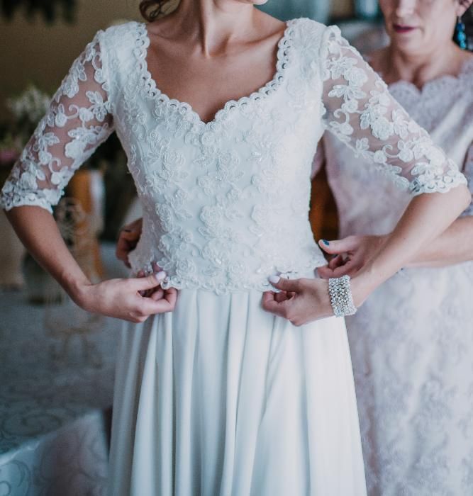 SUKNIA ŚLUBNA z koronki i muślinu, rozm. 36/38