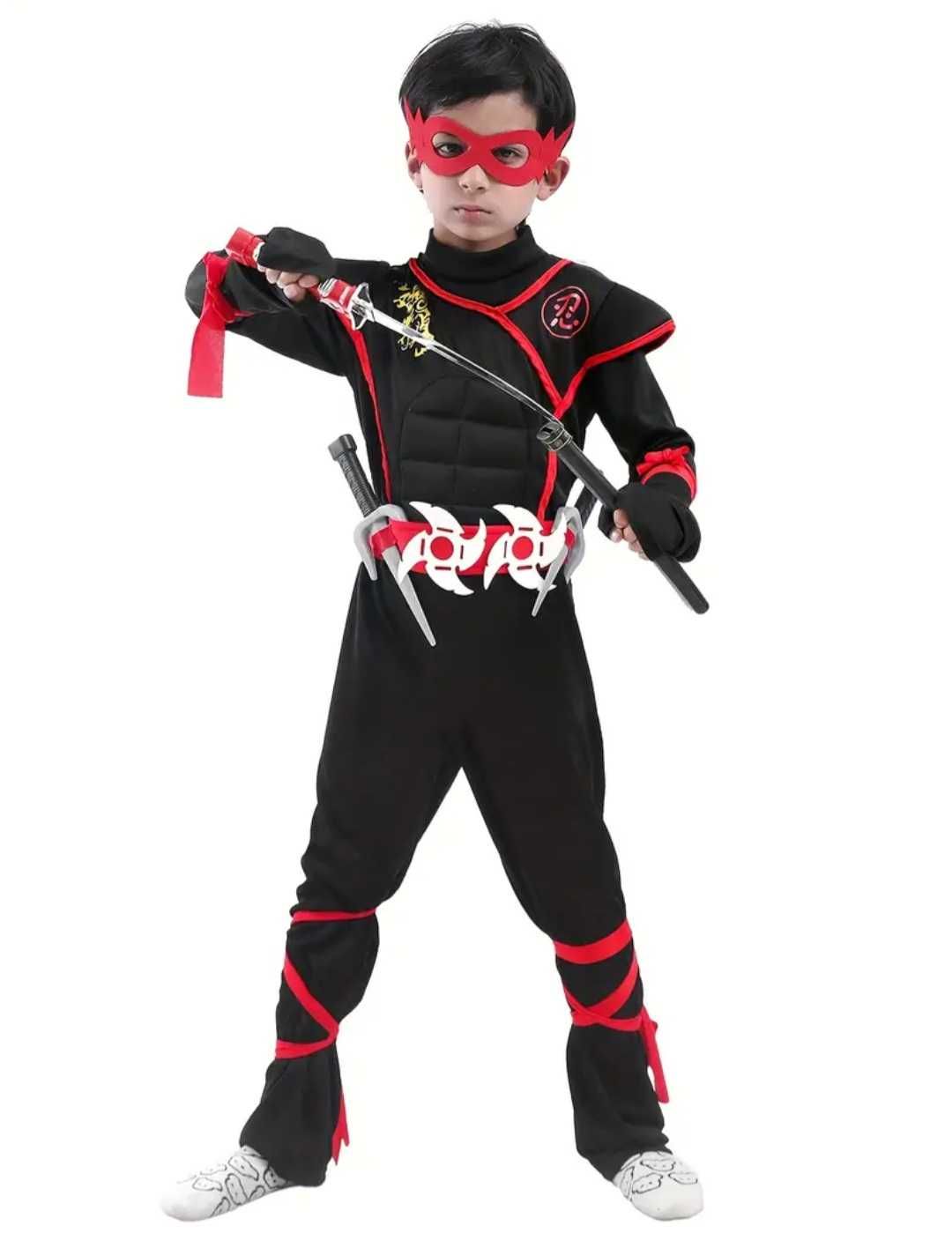 Zestaw XXL! BLACK NINJA czarny wojownik samuraj, r. 134/140 przebranie