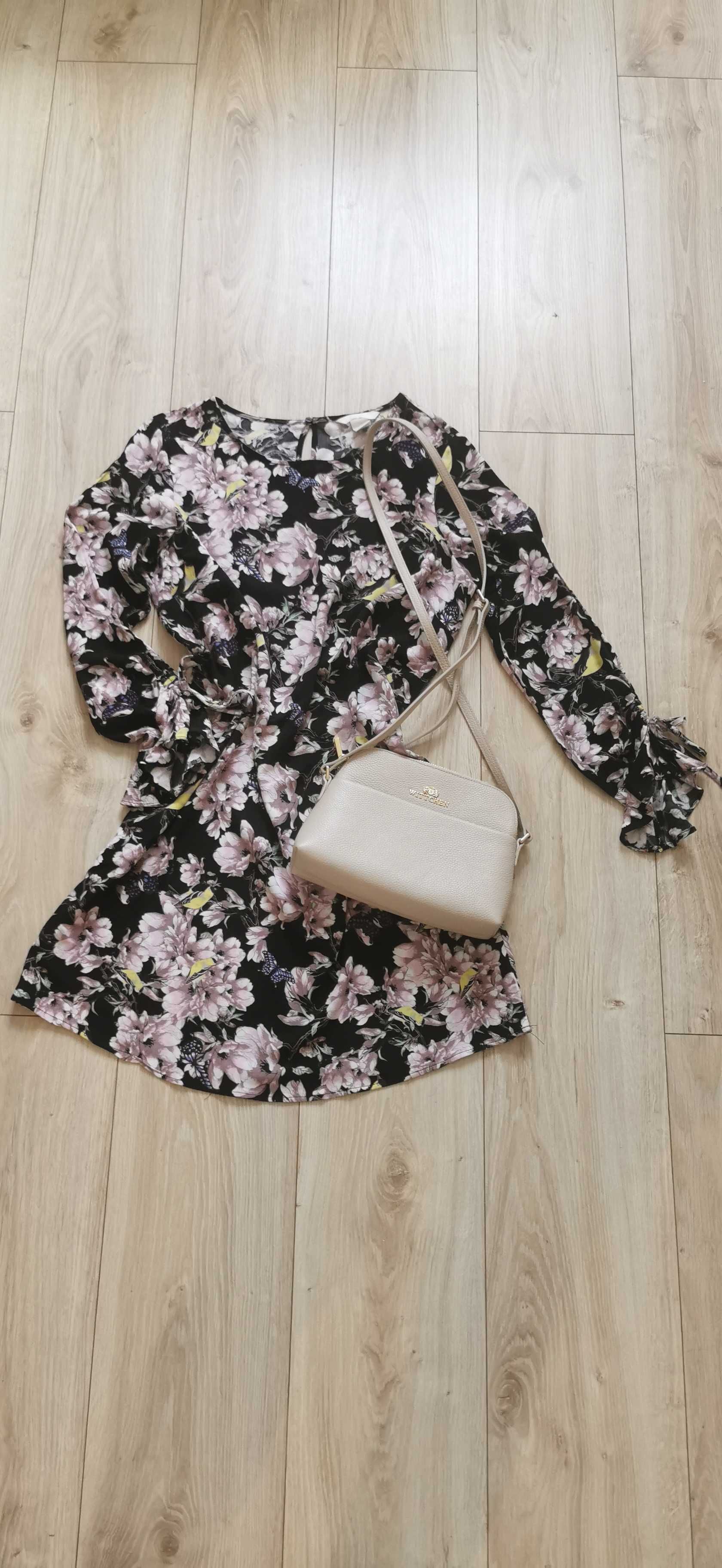 Czarna stylowa sukienka w kwiaty, H&M z ciekawymi rękawami, rozmiar 38