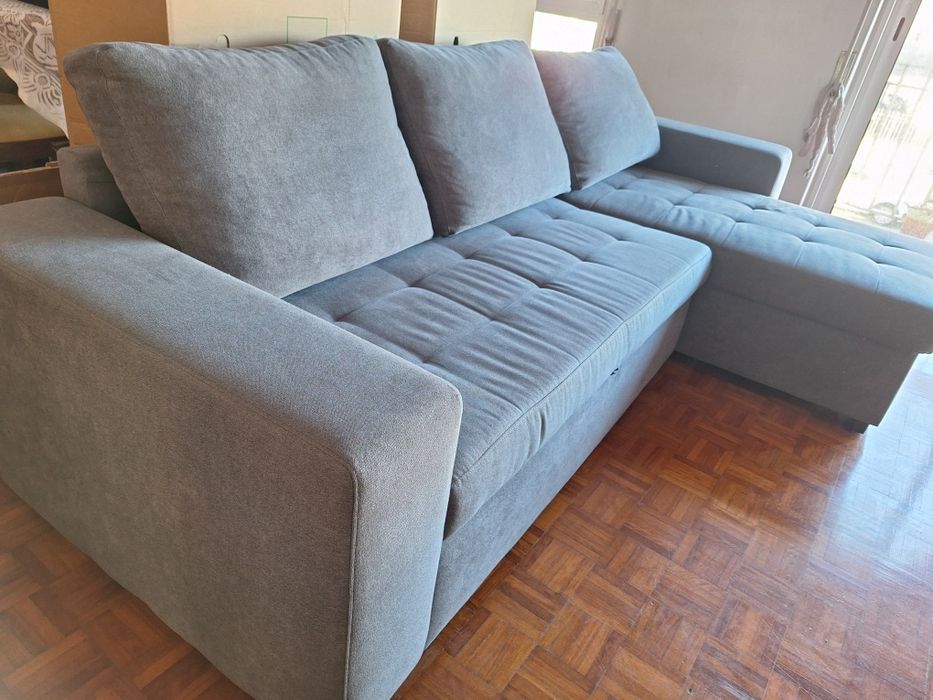 Sofa com chaise longue de 3 lugares com sofa cama