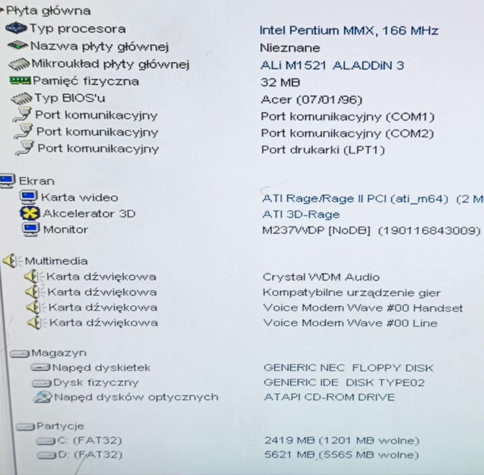 Retro komputer stacjonarny Acer 5166SR Pentium MMX 166 ATI Rage II PCI