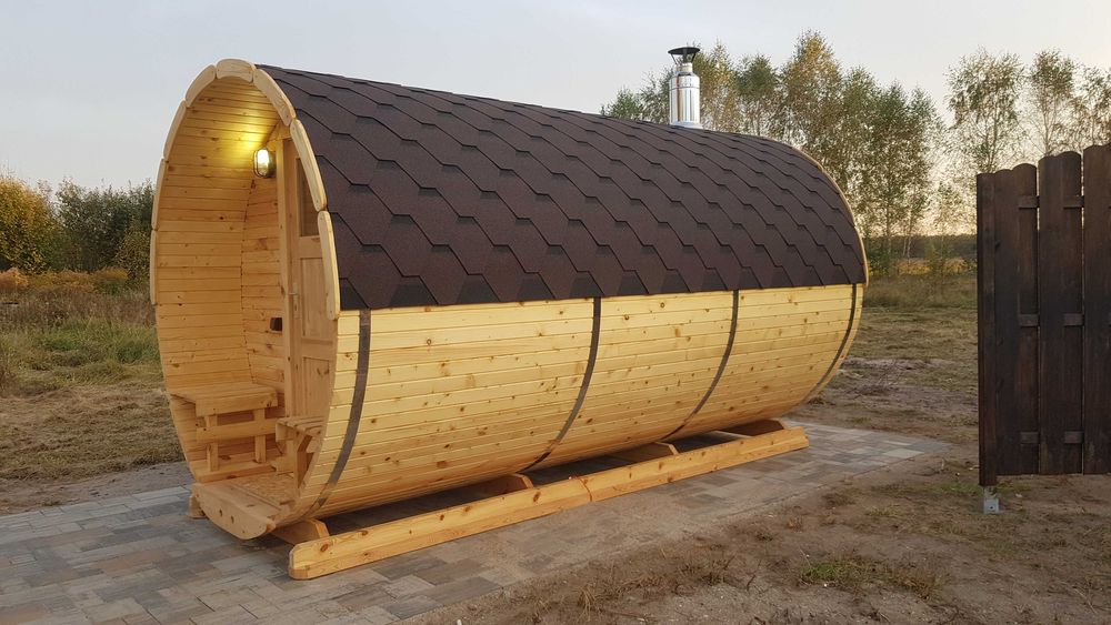 Sauna Beczka Ogrodowa 400cm z Piecem Harvia M3 LED Sauny z Drewna