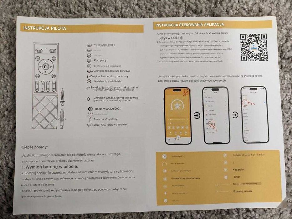 Wentylator sufitowy z lampą 50cm 6 prędkości bieg wsteczny pilot timer