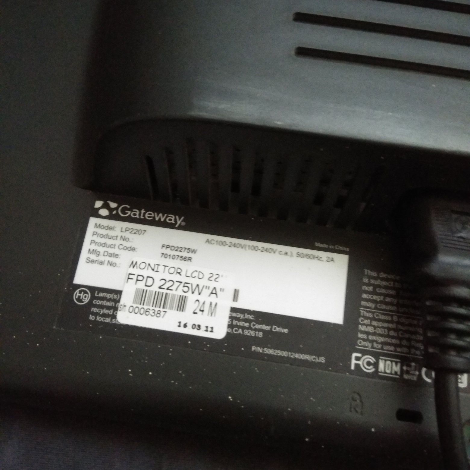 Monitor Gateway LP2207 do naprawy