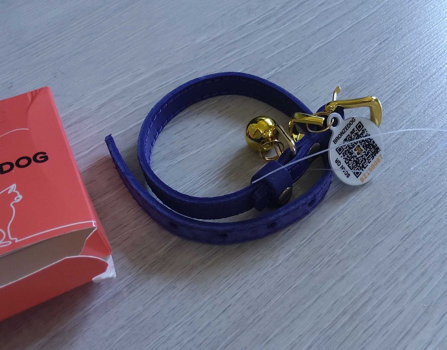 Bronzedog skórzana obroża dla kota psa z QR 23-28 cm niebieska