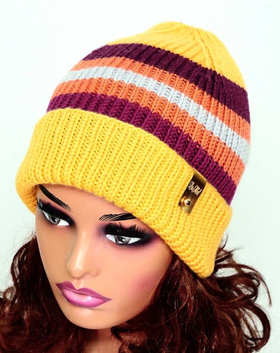 LaMel Czapka w paski unisex zimowa handmade 100%Merino obw.55 - 60cm