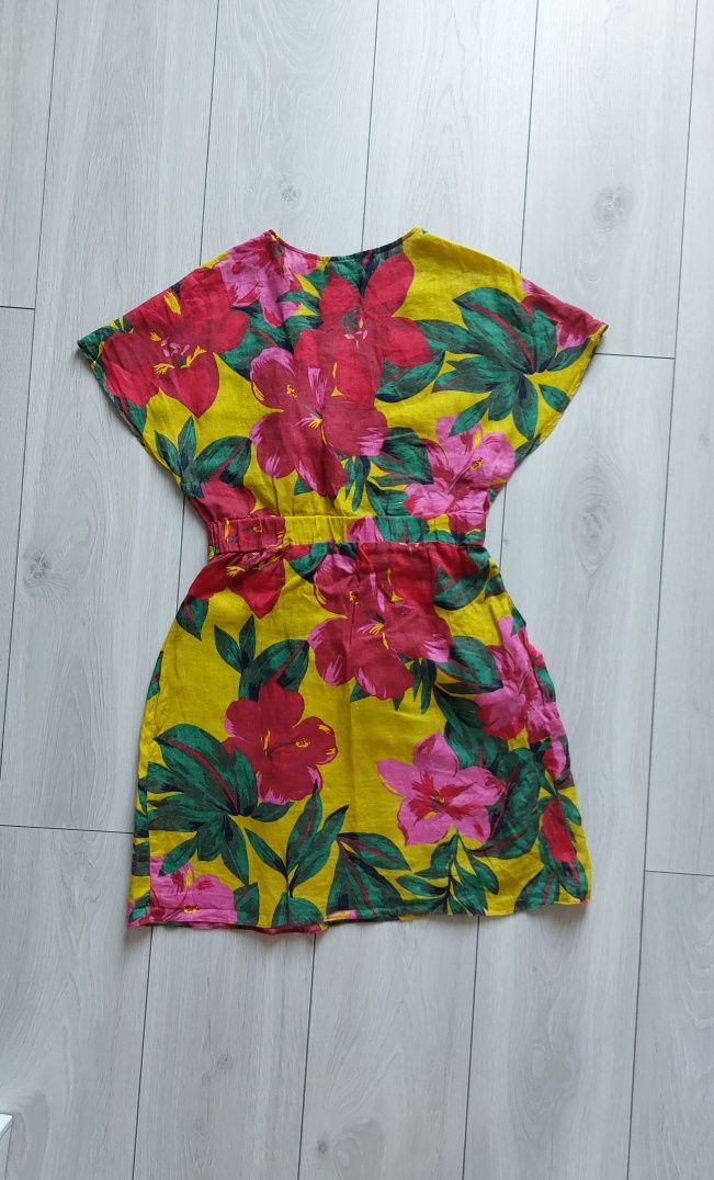 Lniana sukienka mini Zara XS, 100% len sukienka w kwiaty