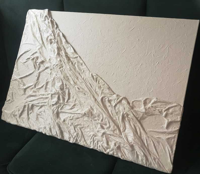 Obraz strukturalny gipsowy 100x70 modern art rzeźba biały tkanina