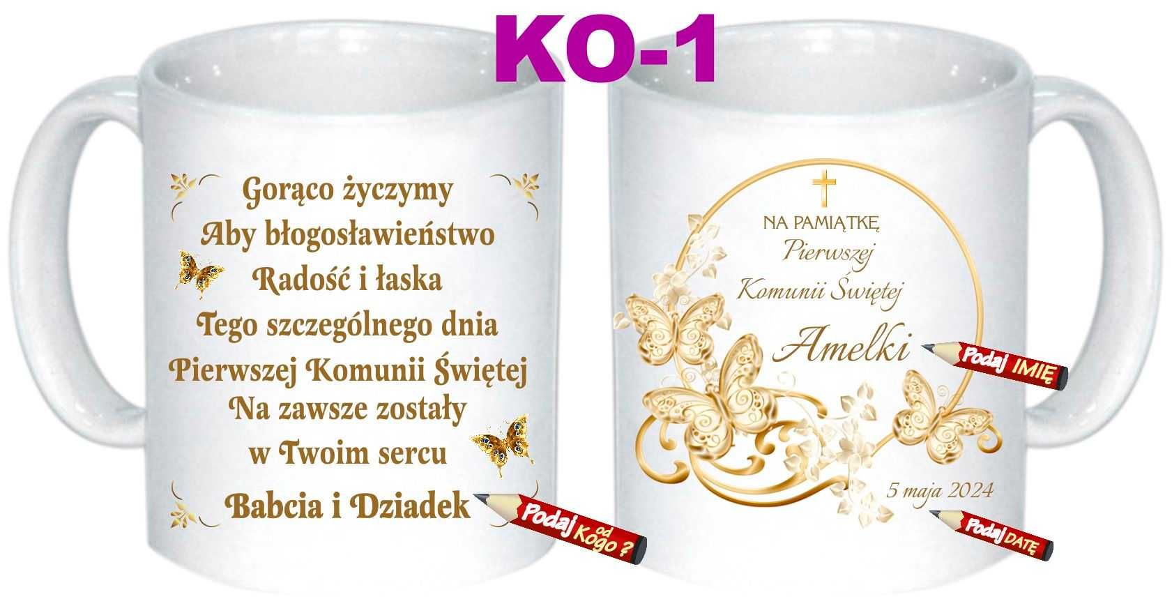 Kubek Pierwsza I Komunia Święta pamiątka imię z Imieniem WZORY