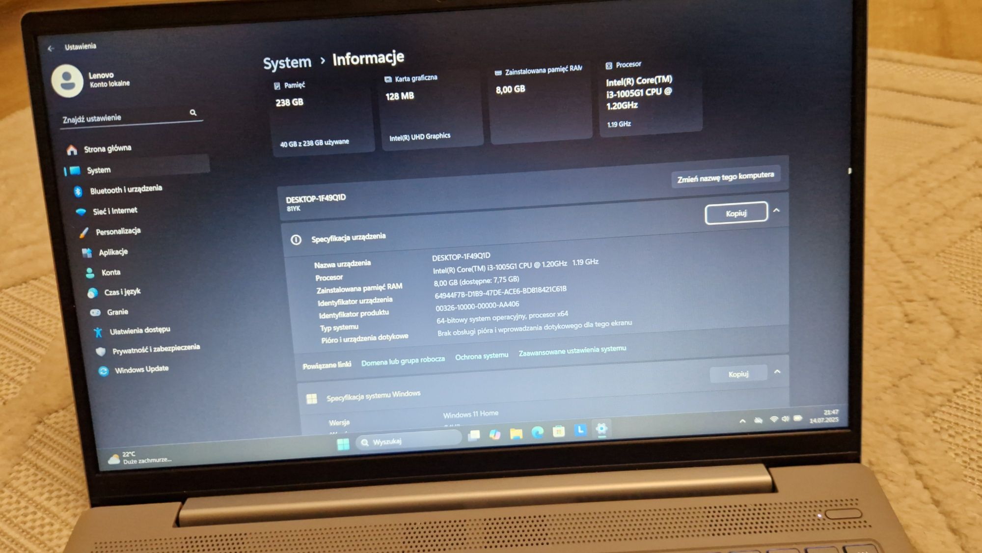Laptop Lenovo IdeaPad 5 15IIL05 15,6" i3 8GB  256GB podś. Klawiatura