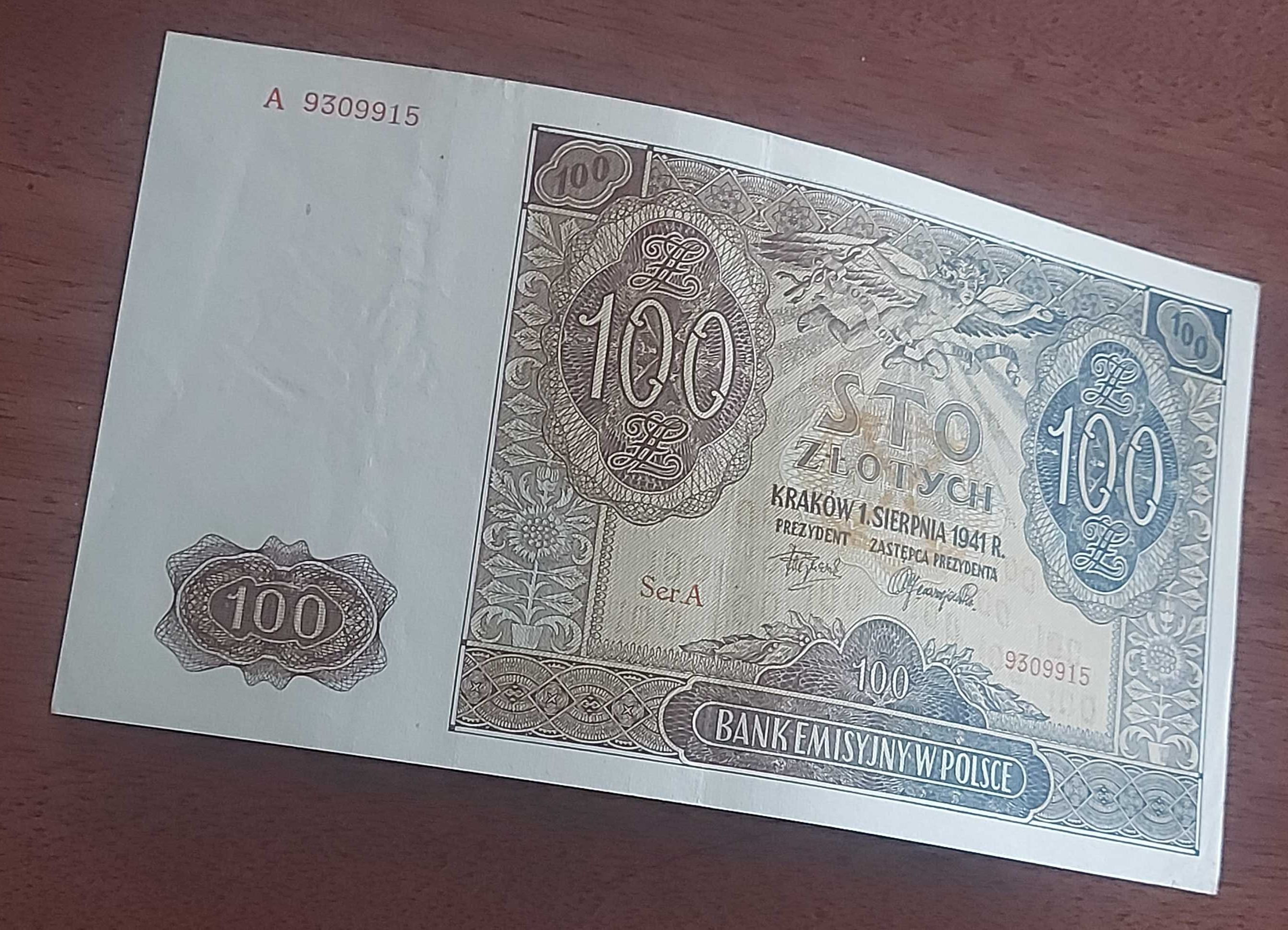 Banknot 100 złotych, emisja z datą 1941 rok.