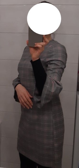 Tunika sukienka w kratę, szara, do biura, do pracy