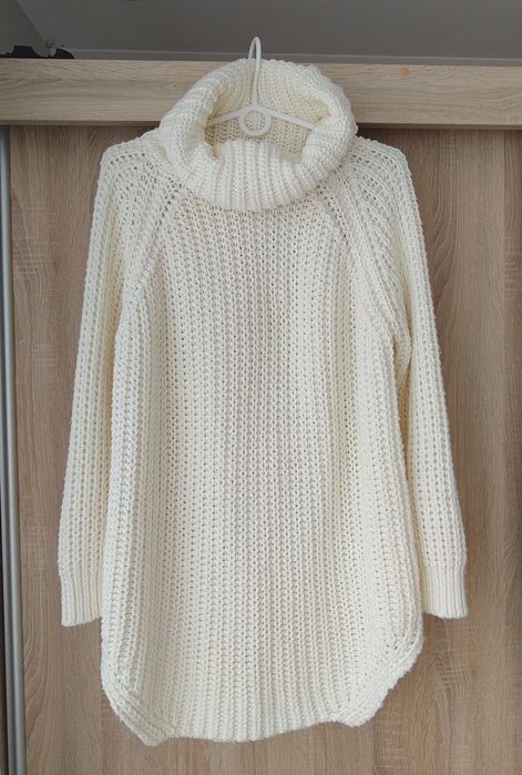 Sweter sweterek z golfem dłuższy sukienka sweterkowa S ecru