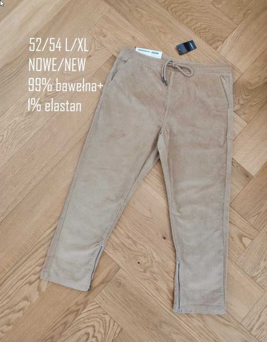 Nowe spodnie sztruksowe męskie L/XL 52/54 sztruksy beżowe bawełniane