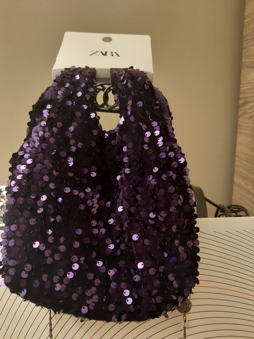 Torebka mała zara cekiny fiolet kolekcja woman torebeczka mini sylwest