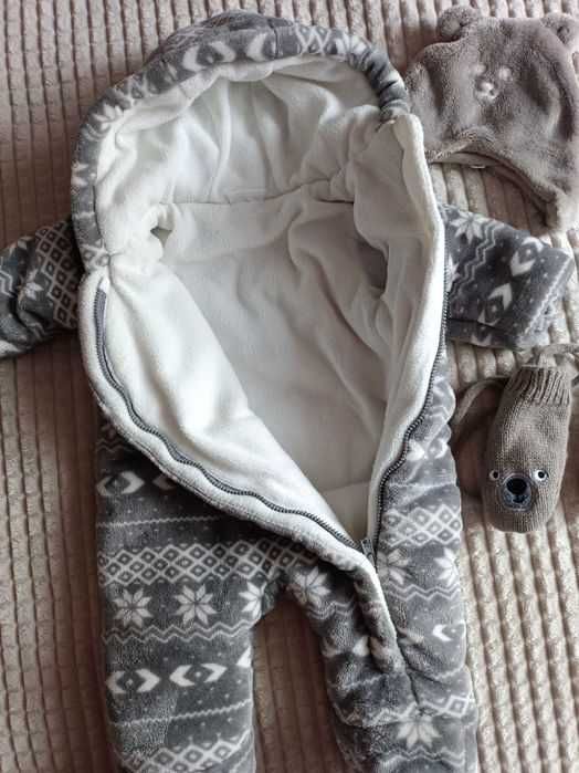 Zestaw kombinezon szary norweskie wzory,czapka i rękawiczki rozm.0-3