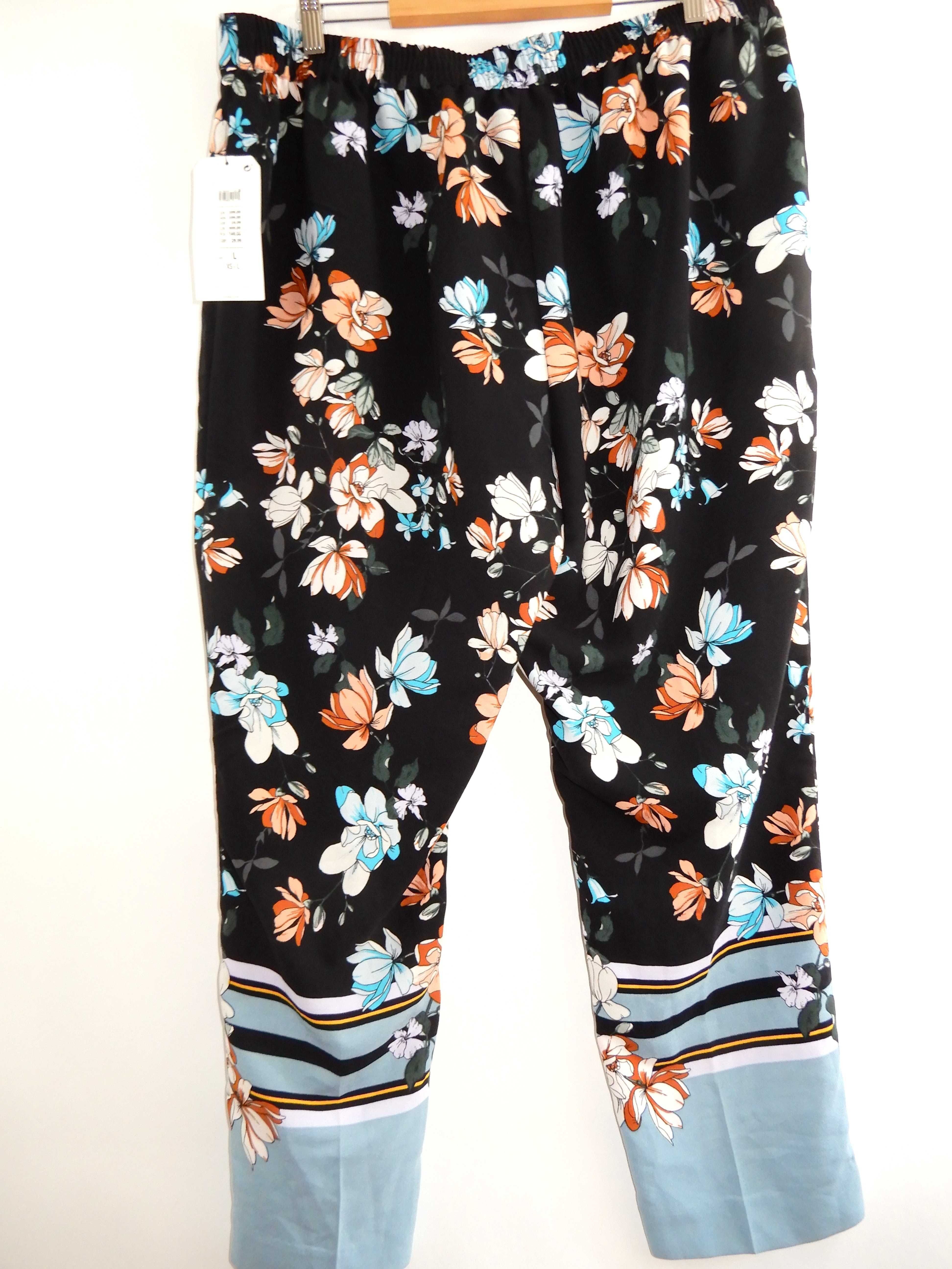 Spodnie proste długie kwiaty wysoki stan czarne multi AVA 40 42  L XL