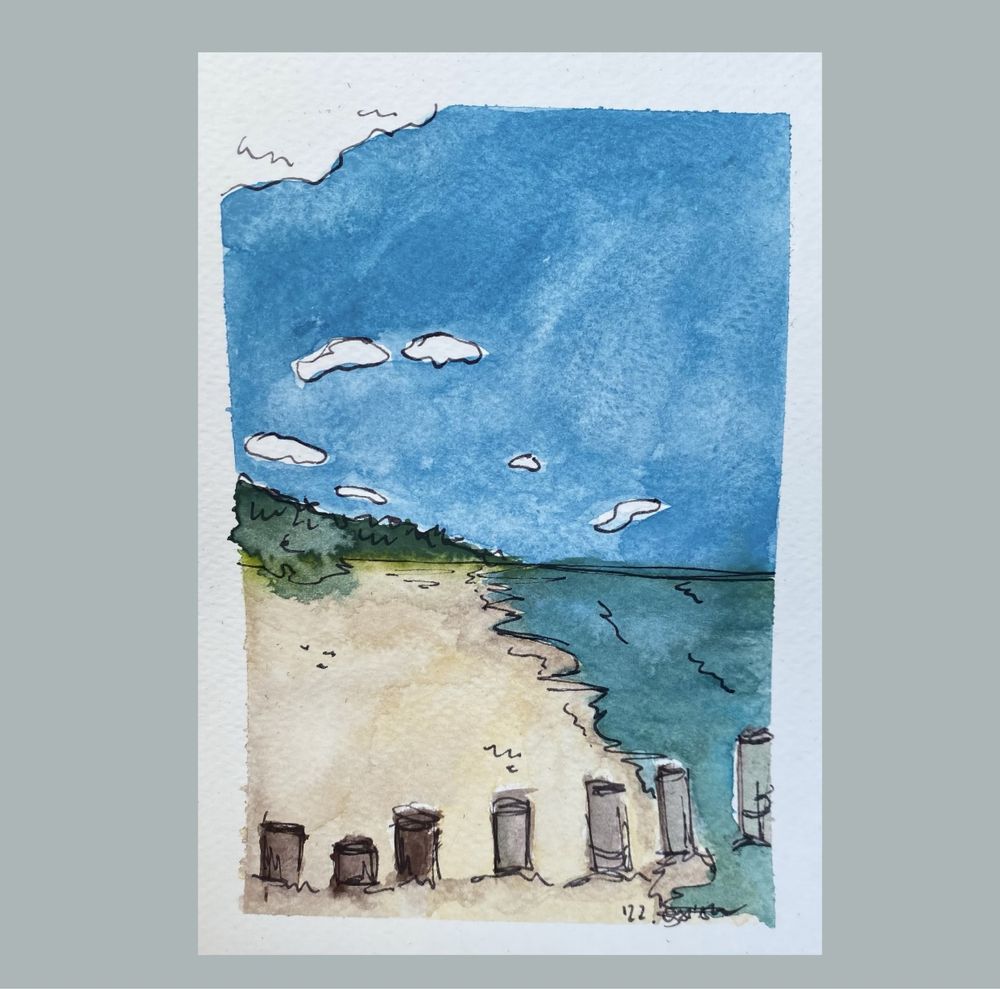 Ilustracja obrazek widoczek morze plaza las handmade akwarela