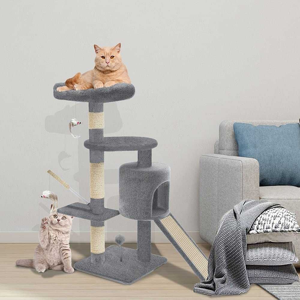 Árvore raspador para gatos com plataformas e abrigo, 115 cm, cinzento