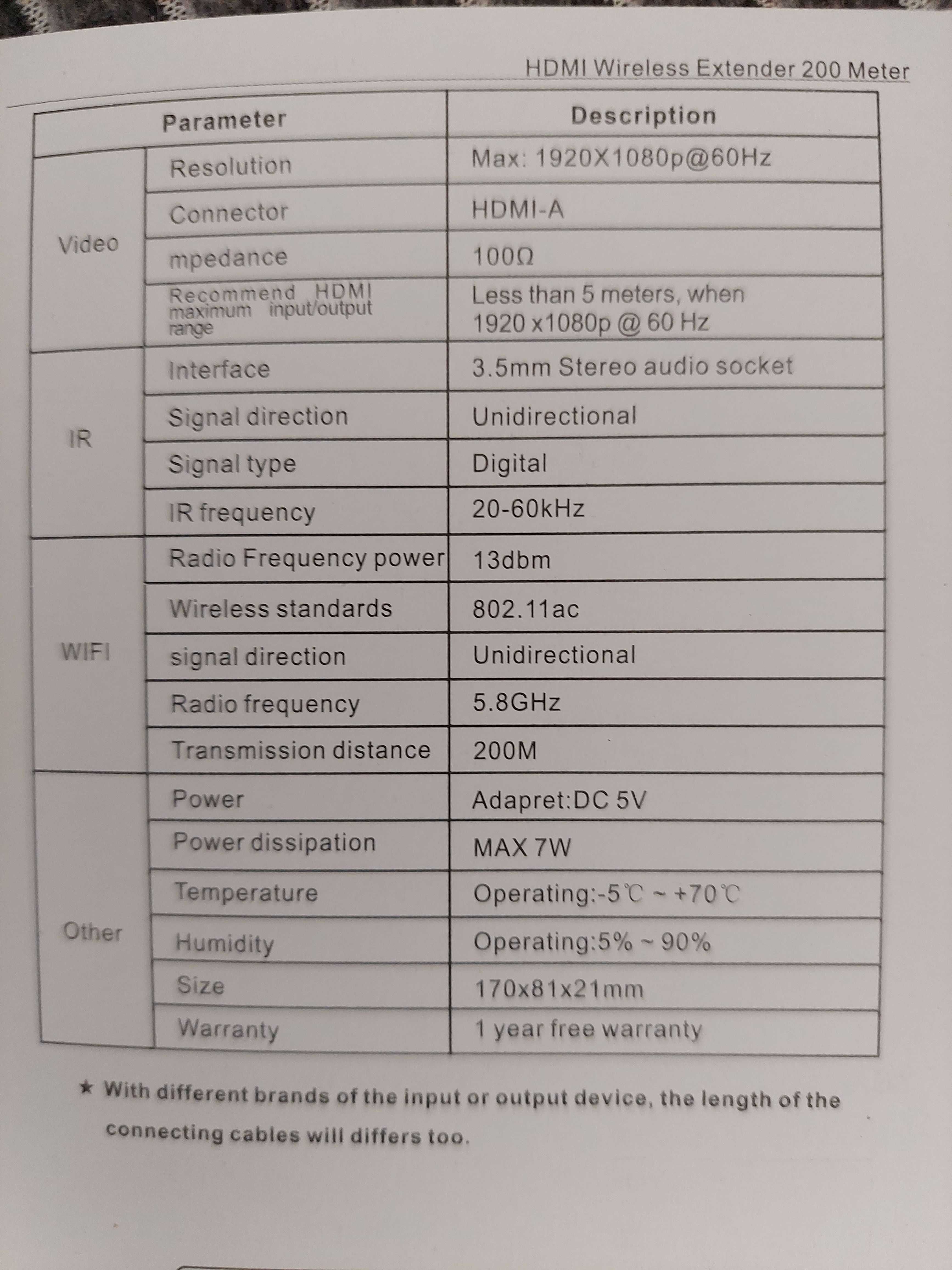 Bezprzewodowy EXTENDER HDMI WiFi 1080p60Hz 200m IR