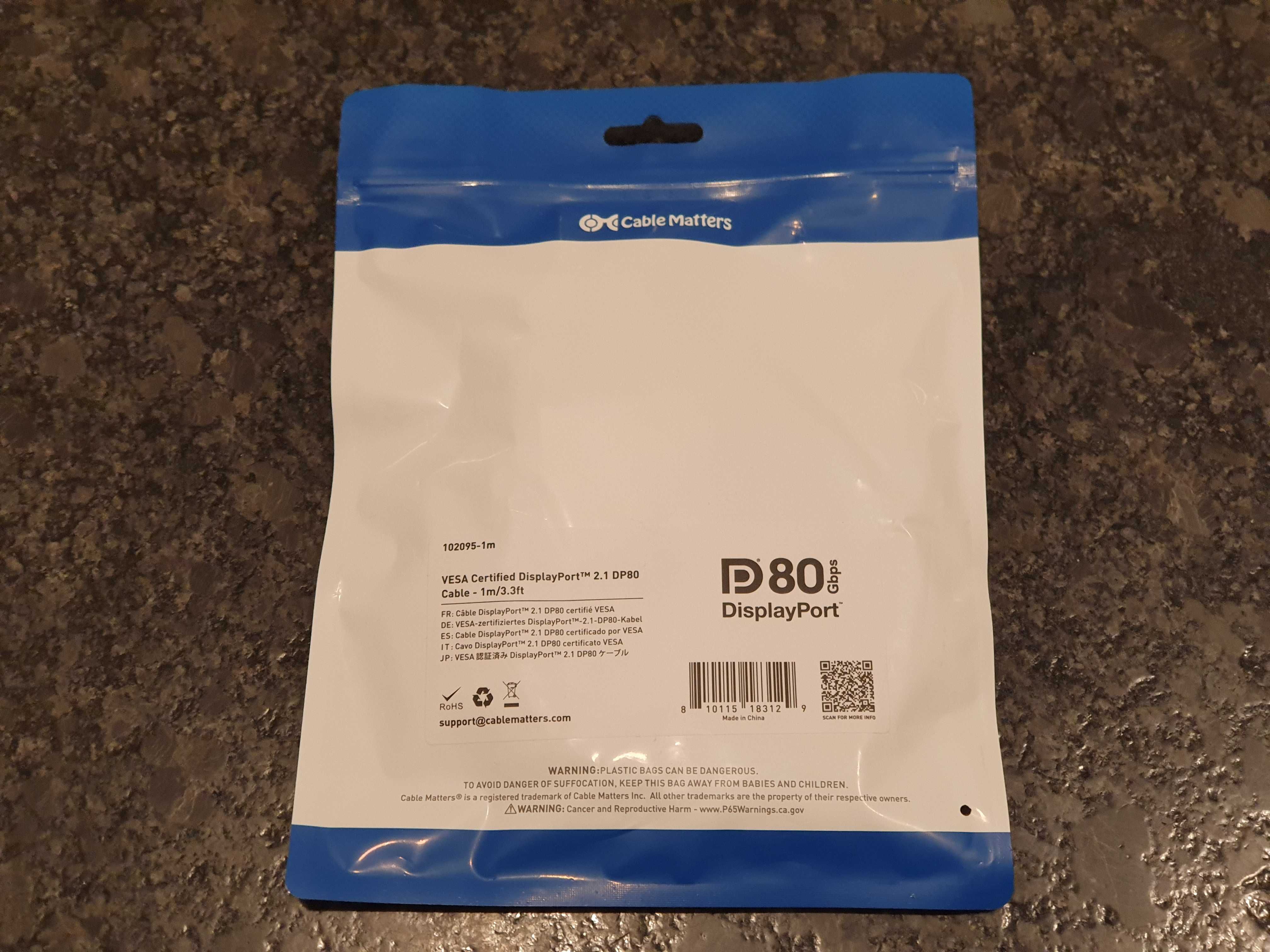 Kabel DisplayPort DP 2.1 DP80 80 Gbps 8K/240Hz 1m Cable Matters 102095