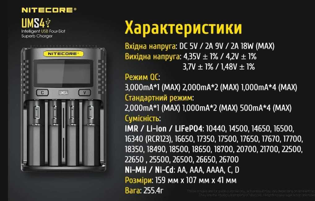 Зарядний пристрій чотирканалий Nitecore UMS4 Li-ion Ni-MH/Ni-Cd новий