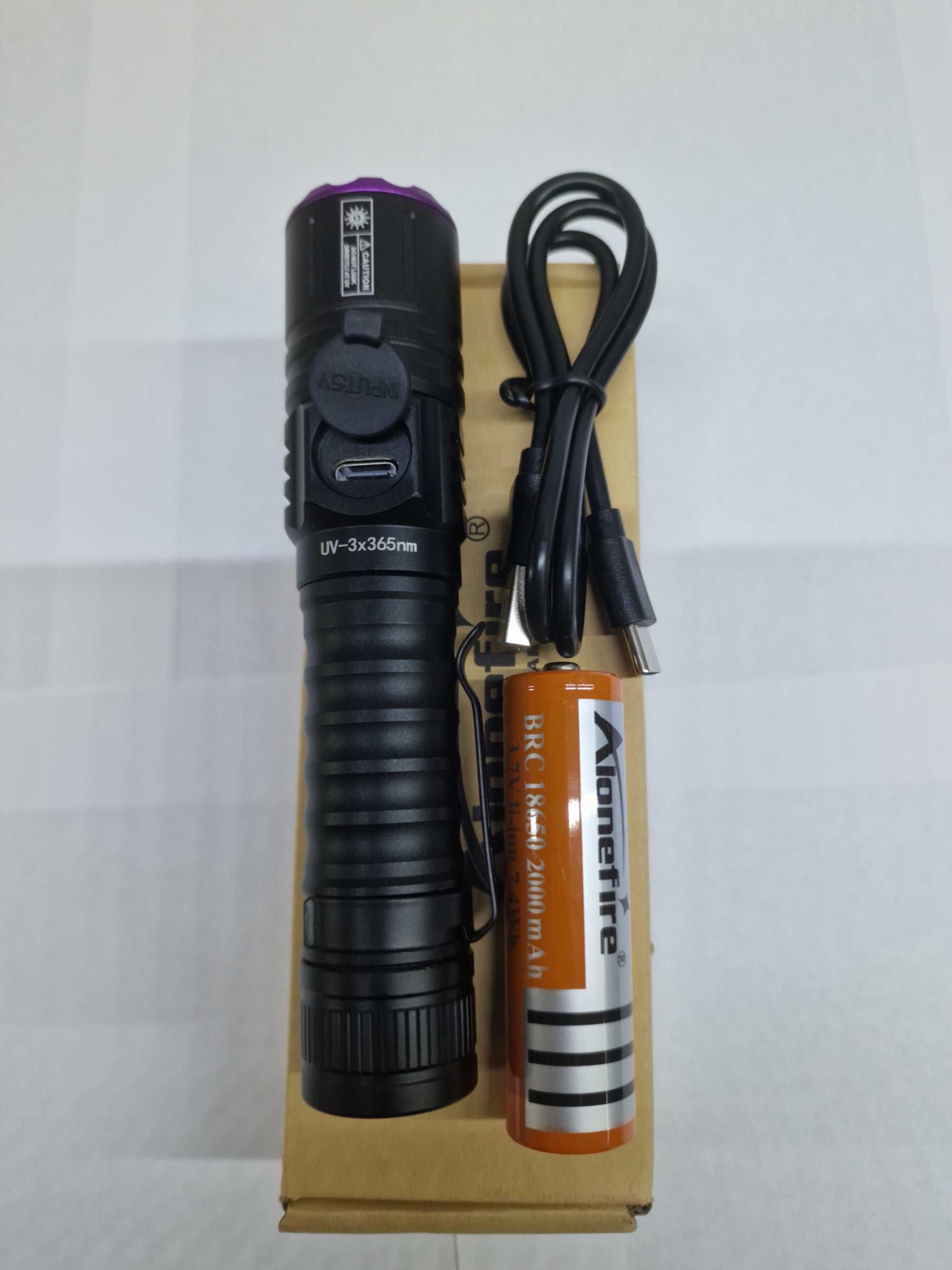 Ультрафиолетовый фонарик 365NM, 15W, 3 LED, аккумулятор 1*18650