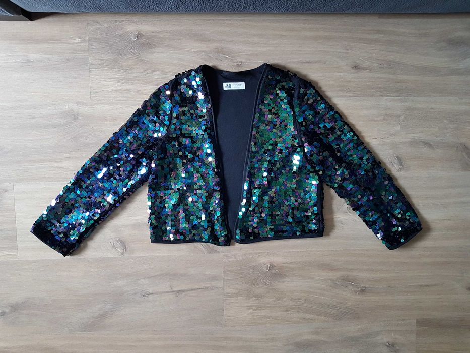 H&M cekinowa marynarka narzutka czarno zielona roz. 134/140 8-10 lat