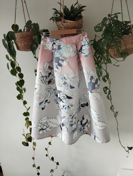 Spódnica koktajlowa, na święta, midi, letnia, kloszowana, pastelowa, w