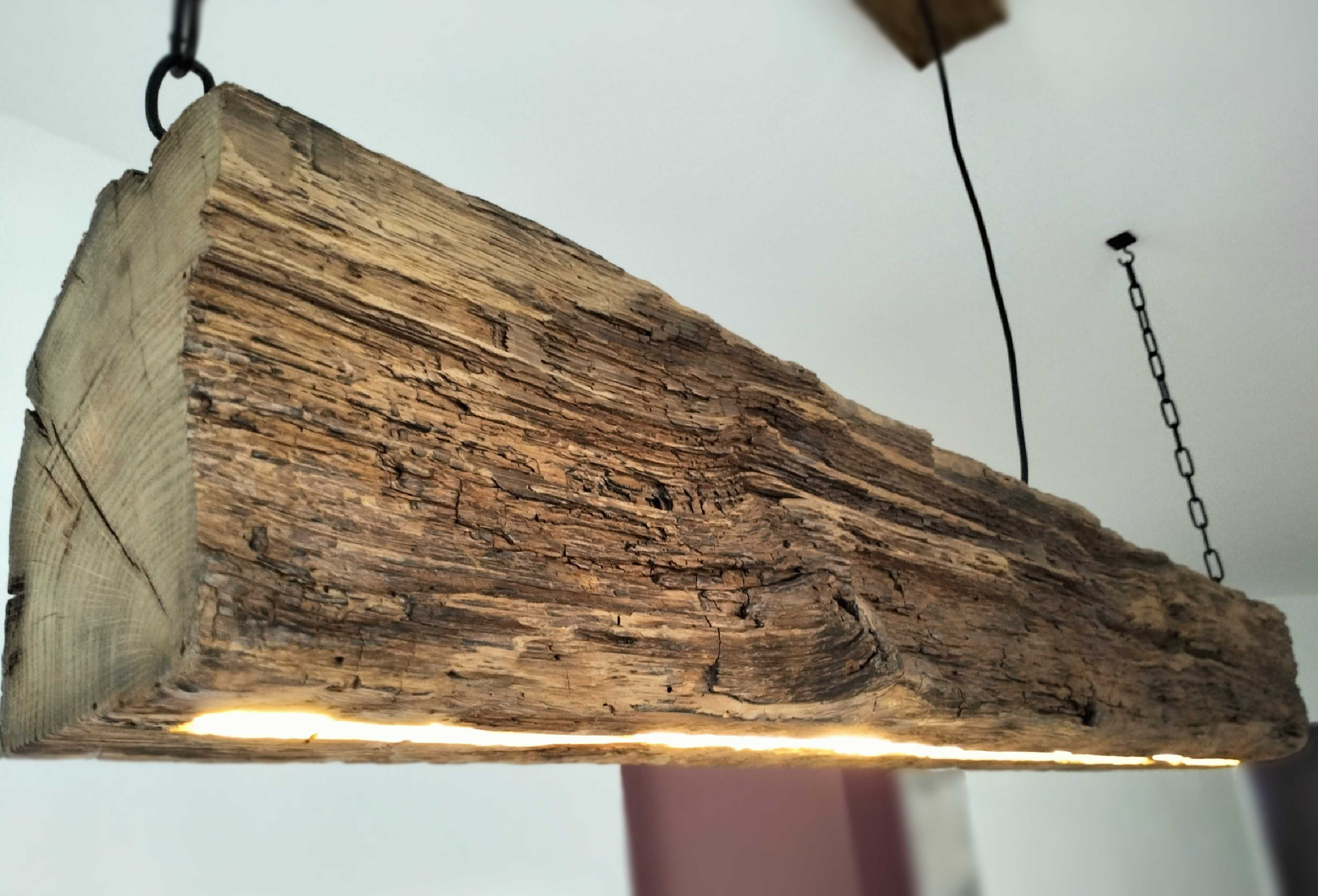 Drewniana wisząca lampa Led, dębowa stara,belka w stylu retro, loft