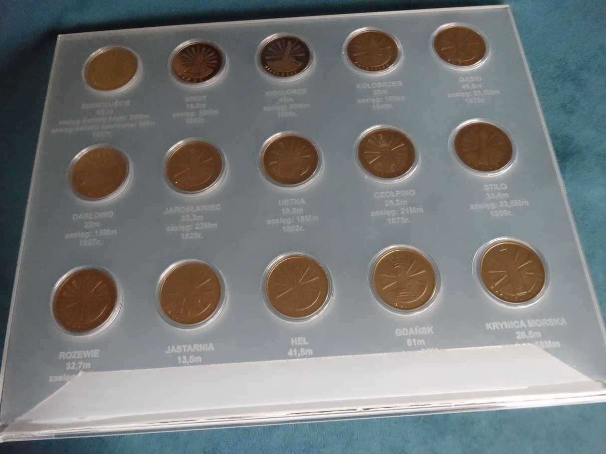 15 Złotych Latarników Latarnie Polskiego Wybrzeża monety medale+Pleksi