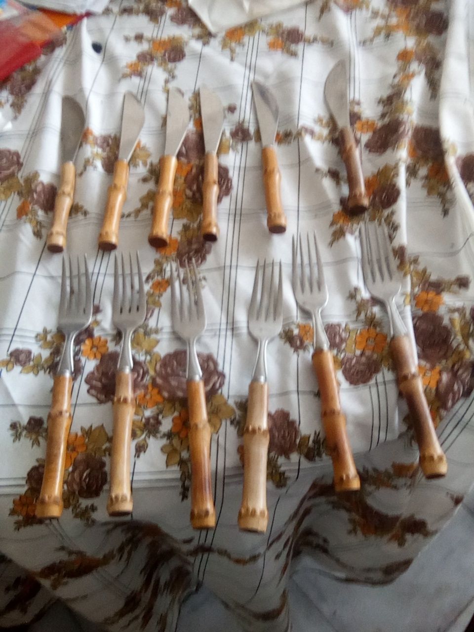 Conjunto seis garfos e seis sacos com cabo de cana da india