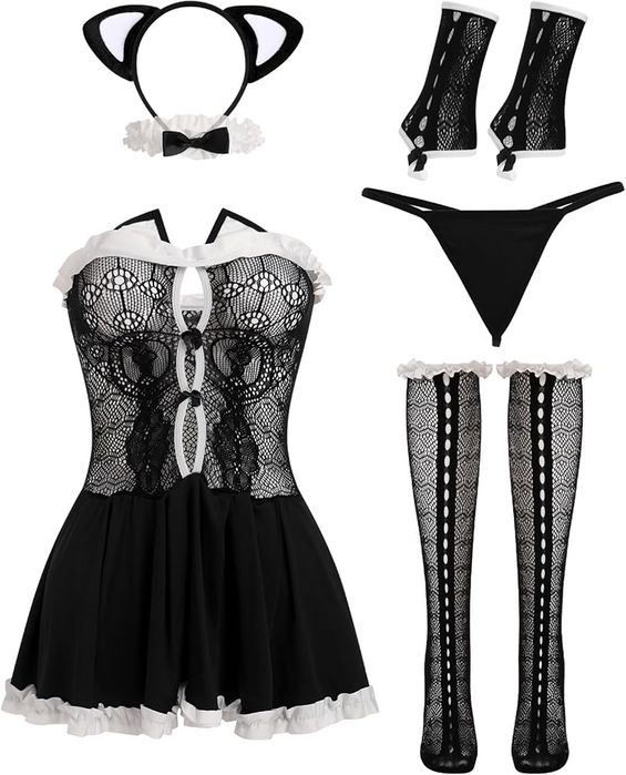 Sexy bielizna damska strój kota kocica pokojówka kostium kot M ZESTAW
