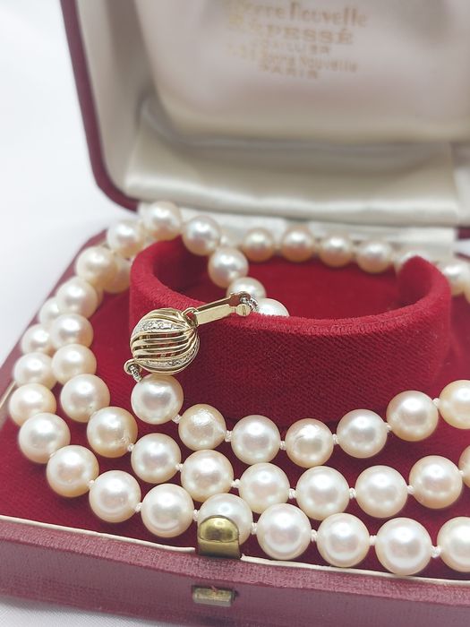 Naszyjnik z pereł wycena złoto 14k diamenty naturalne akoya kremowe
