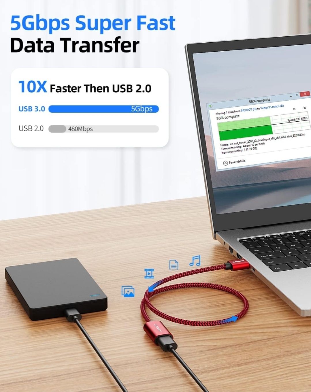 SUNGUY Przedłużacz USB 3.0 krótki 0.5m 5 Gbps wtyczka A  na gniazdo A