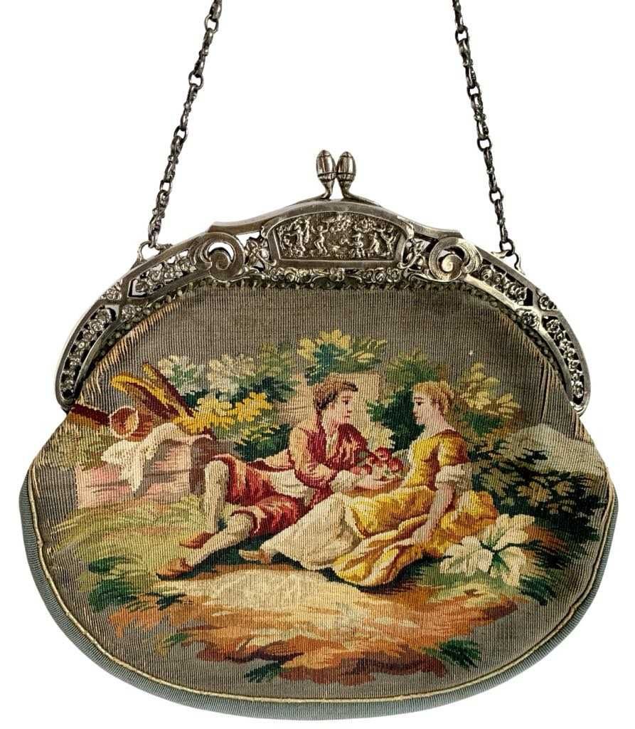 Dawna Kolekcjonerska Torebka Tkanina Aubusson Zdobna Ramka Srebro