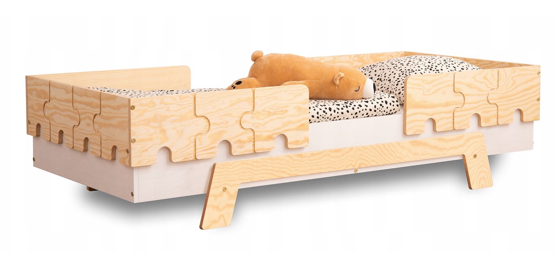 Łóżko pojedyncze dla dzieci z barierkami i stelażem PUZZLE BR2 Sosnowe
