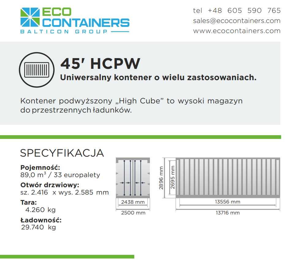 Największy kontener 45 HCPW Hight Cube Pallet Wide 33 europalety